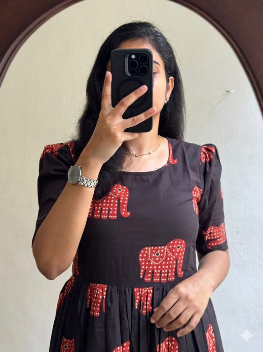Jaipuri Elephant Block-Print Midi Gown in Classic Black and Crimson