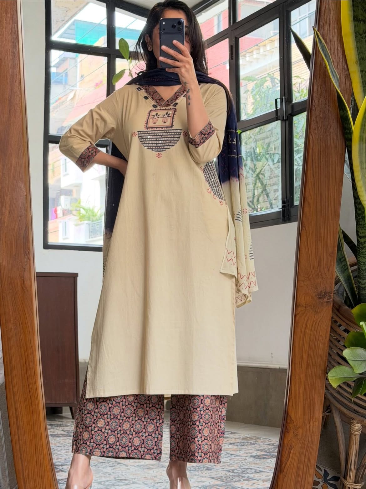 Beige Embroidered Straight Kurta with Printed Palazzo & Dupatta Set