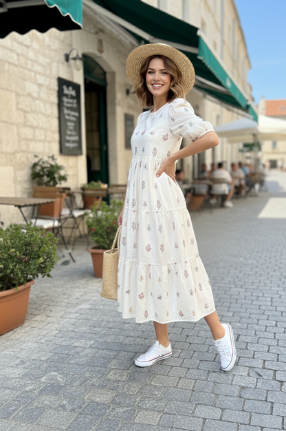 Elegant Off-White Embroidered Tiered Dress | Effortless Chic