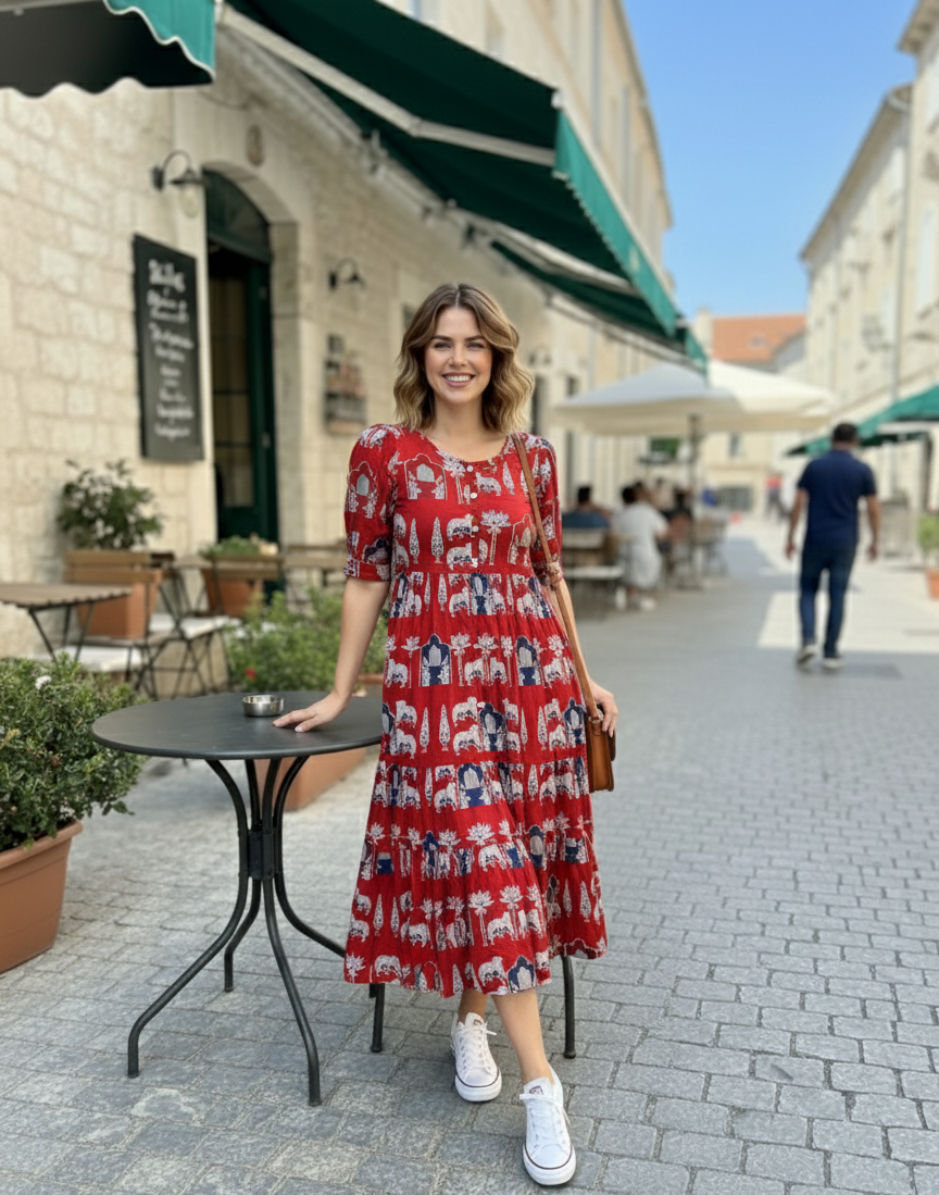 Flamingo Print Tiered Midi Dress | Summer Special Puff Sleeve Style