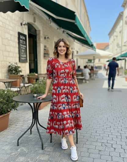 Flamingo Print Tiered Midi Dress | Summer Special Puff Sleeve Style