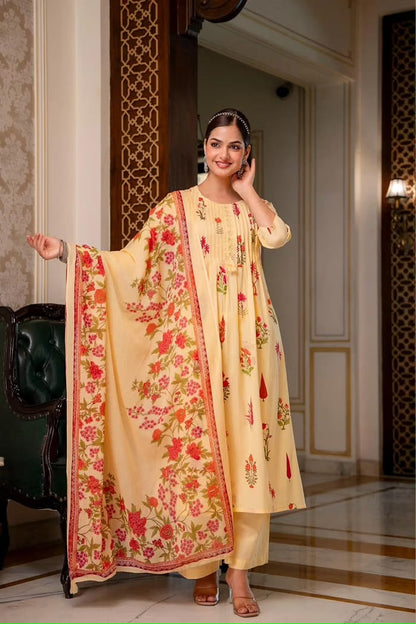 Butter Yellow Floral Printed Kurta Set with Pant and Matching Floral Dupatta