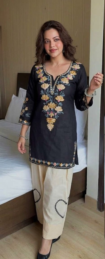Black Floral Embroidered Cotton Short Kurti with Beige Farshi Salwar Set
