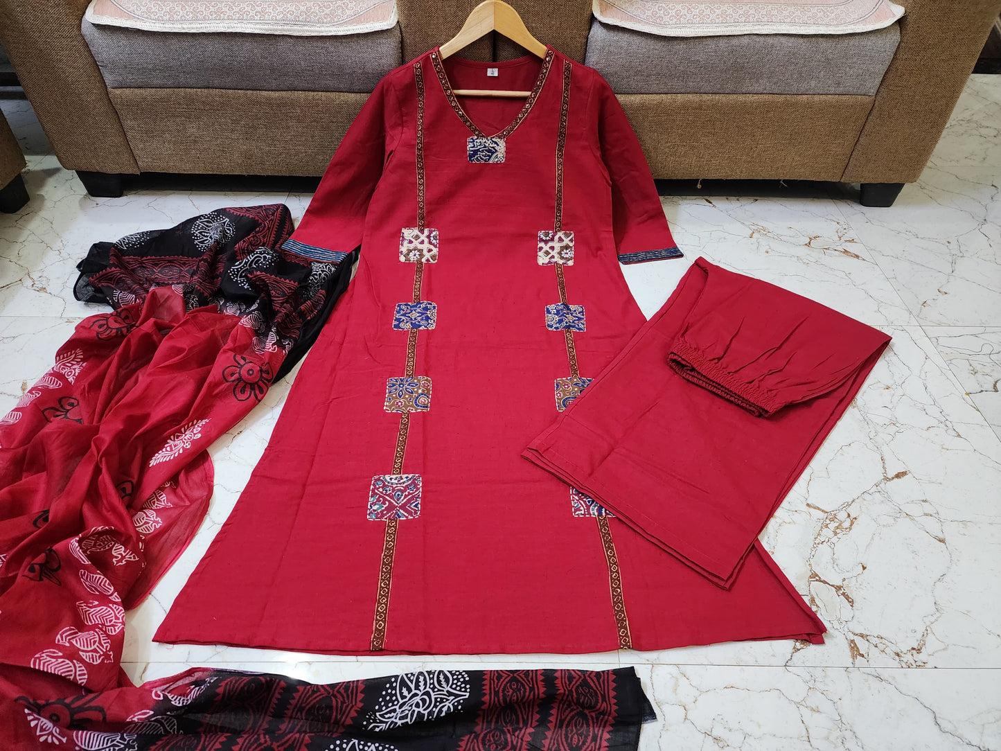 Classic Red Kurta Set with Artistic Patch Detailing & Dupatta