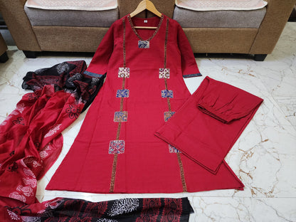 Classic Red Kurta Set with Artistic Patch Detailing & Dupatta