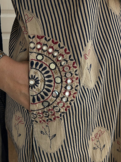 Elegant Beige Striped Kurta Set with Deep Blue Dupatta