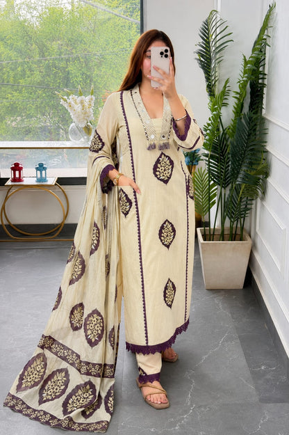Sophisticated Beige and Plum Purple Block Print Kurta Set
