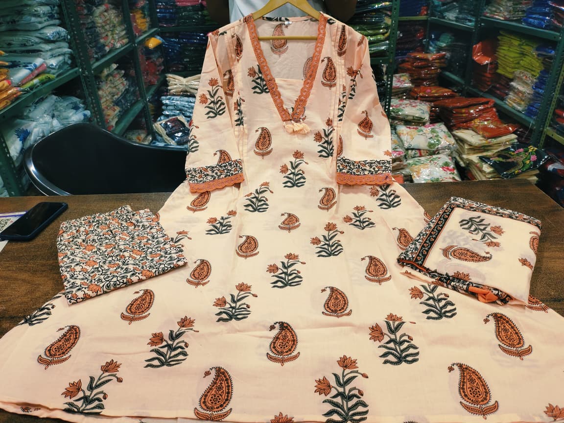 Beige & Tangerine Paisley Printed Kurta Set with Printed Plazzo and Dupatta
