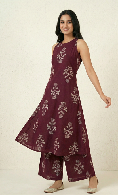 Wine Red Floral Block Print Sleeveless A-Line Kurta Set