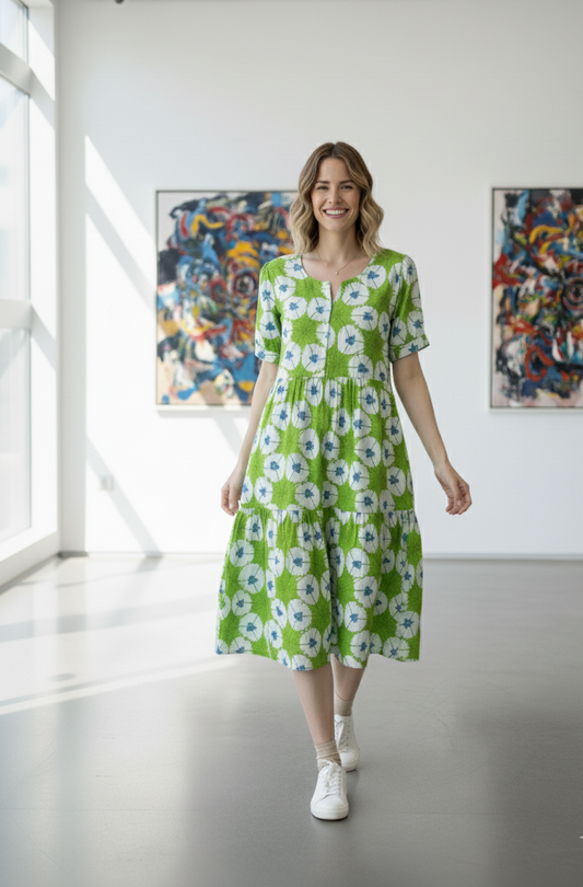 Trendy Green Floral Printed Cotton Summer Dress