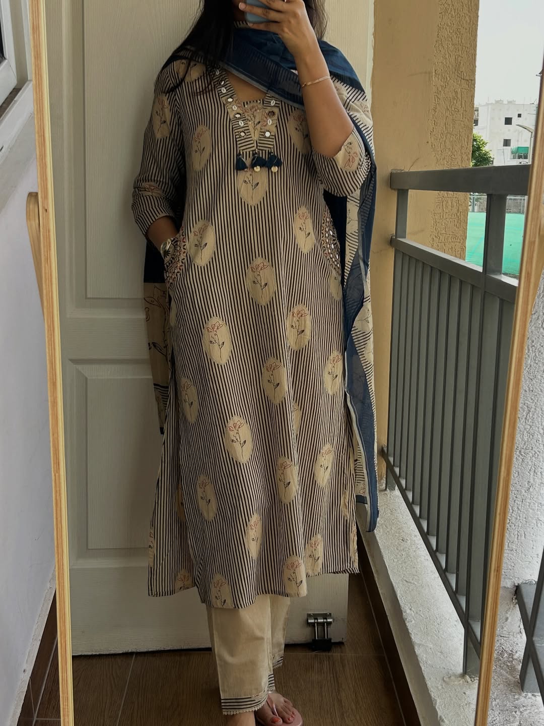 Elegant Beige Striped Kurta Set with Deep Blue Dupatta