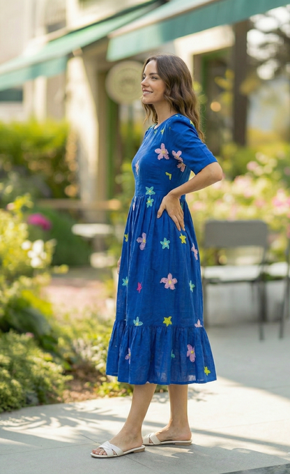 Vibrant Blue Star & Flower Embroidered Tiered Maxi Dress with Puff Sleeves
