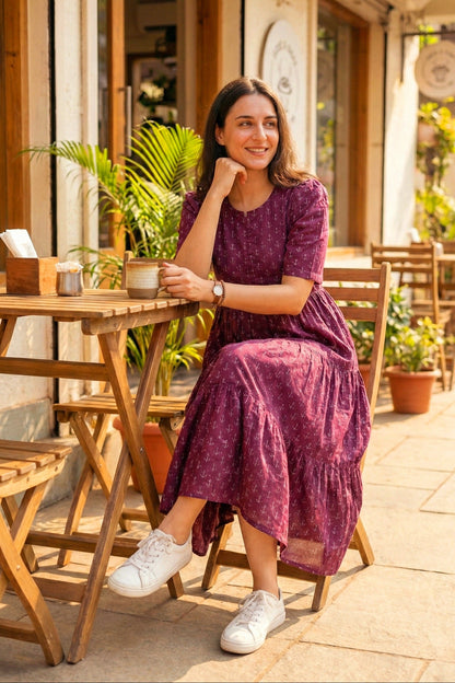 Women's Wine Cotton Tiered Dress with All-Over Floral Motif