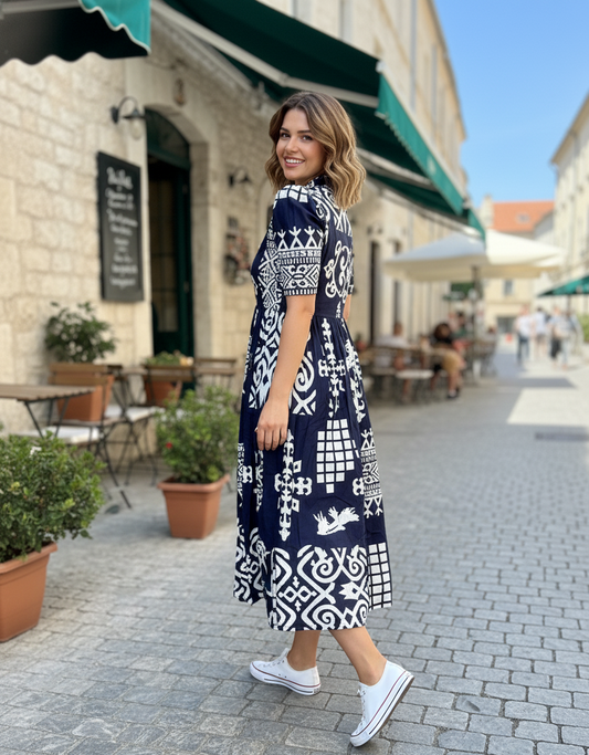 Classic Black & White Abstract Print Tiered Midi Dress