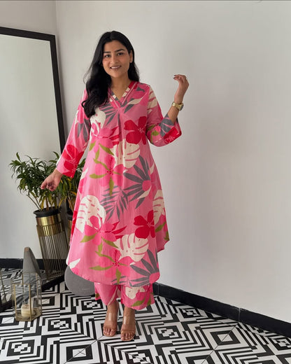 Women's Tropical Floral Print V-Neck Kurta & Pant Summer Co-ord Set