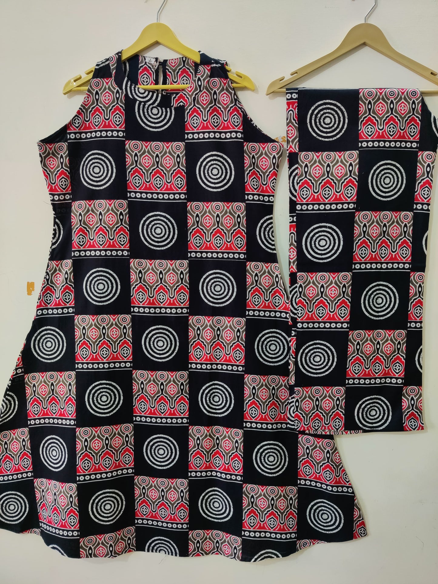 Black & Red Geometric Block Print Sleeveless Kurta with Palazzo Set
