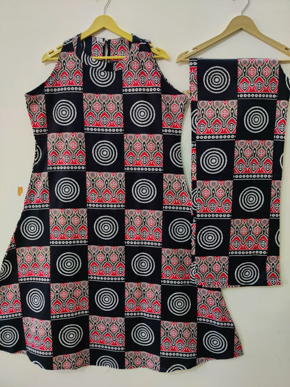 Black & Red Geometric Block Print Sleeveless Kurta with Palazzo Set