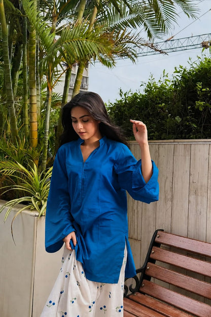 Royal Blue Straight Kurti with Blueberry-Embroidered Cream Wide-Leg Pants