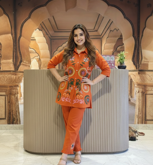 Radiant Orange Embroidered Cord Set – Festive & Fashionable