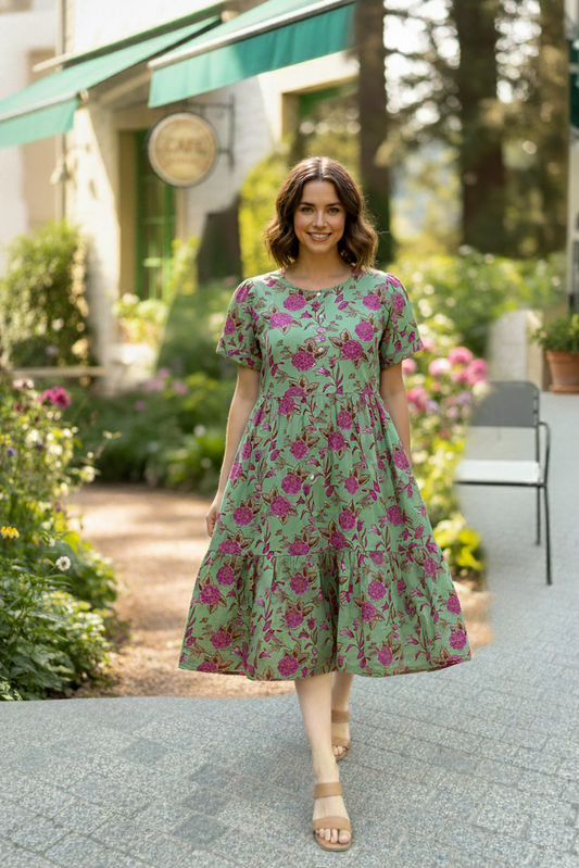 Women's Mint Green Floral Print Tiered Midi Dress | Stylish Puff Sleeves Summer A-Line Dress