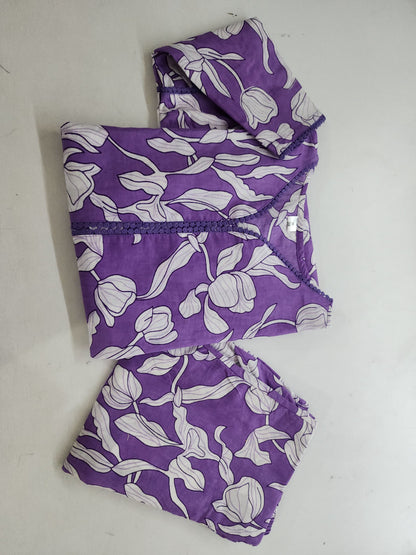 Women's lavender Floral Vine Print Kurta Pant Set with Lace Detail