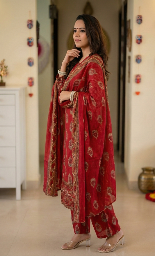 Regal Ruby: Gold Block-Printed Traditional Kurta Set with Dupatta
