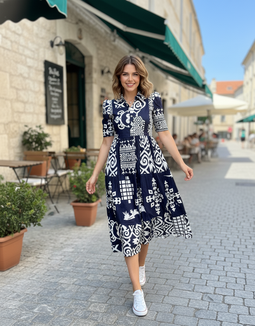 Classic Black & White Abstract Print Tiered Midi Dress