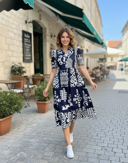 Classic Black & White Abstract Print Tiered Midi Dress