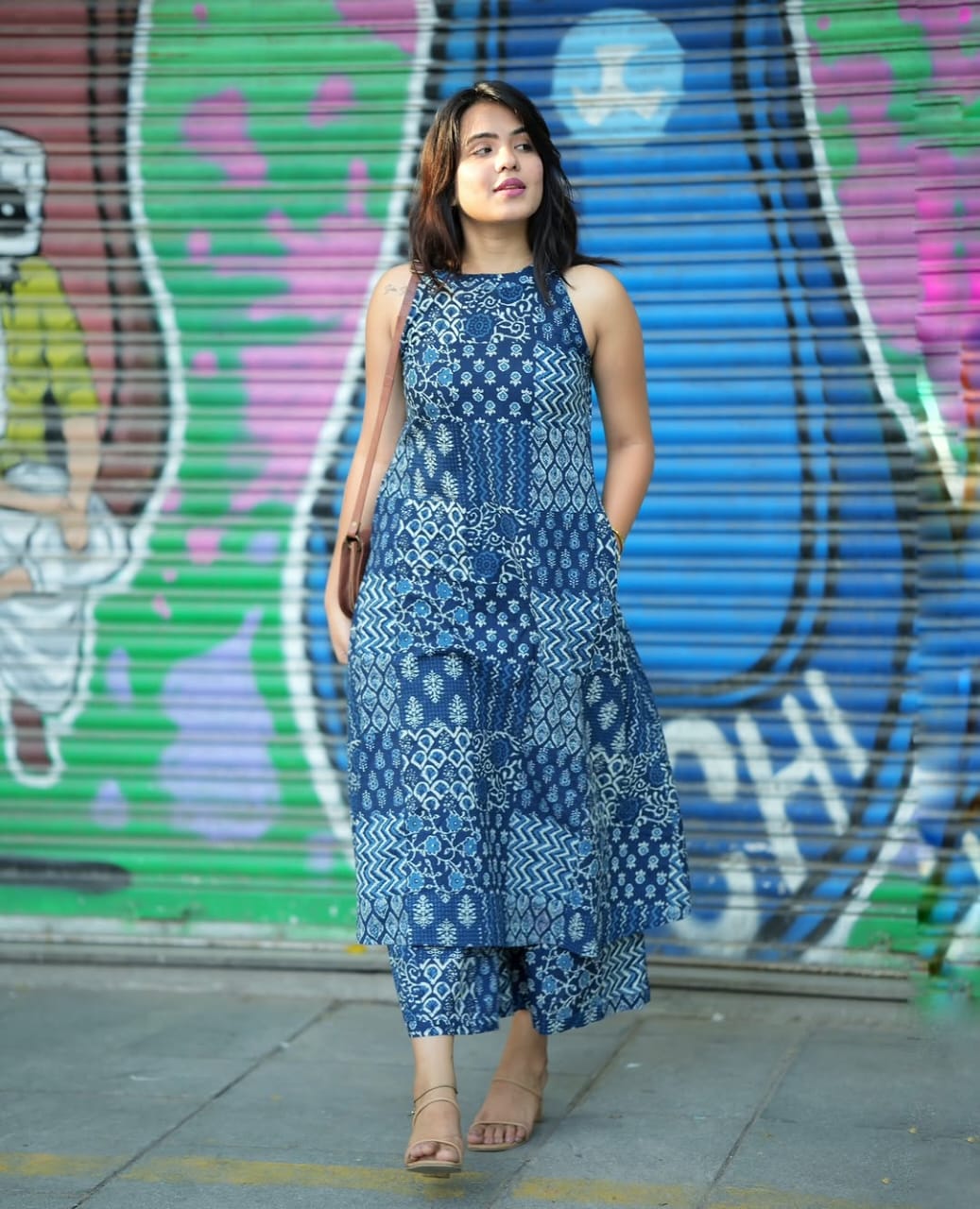 Indigo Fusion: Blue Patchwork Print Sleeveless Kurta Set