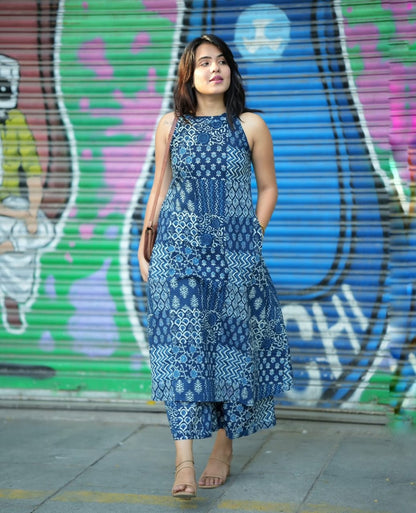 Indigo Fusion: Blue Patchwork Print Sleeveless Kurta Set