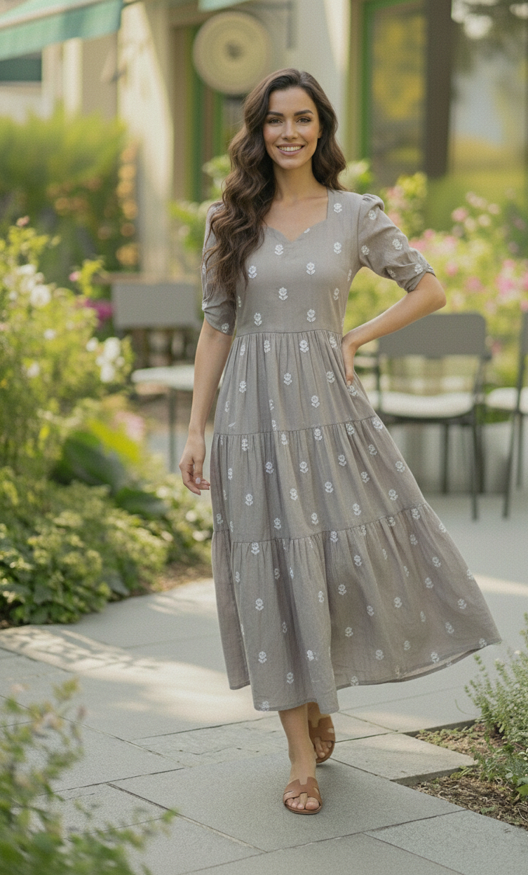 Elegant Grey Tiered Maxi Dress with White Floral Embroidery & Puff Sleeves