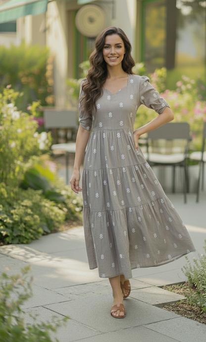 Elegant Grey Tiered Maxi Dress with White Floral Embroidery & Puff Sleeves