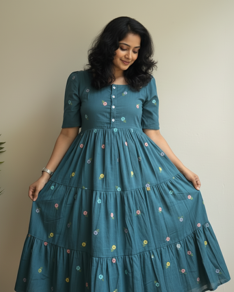Dark-Green Midi Cotton Casual Dresses for women Embroidery Work