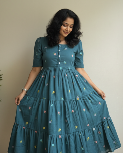 Dark-Green Midi Cotton Casual Dresses for women Embroidery Work