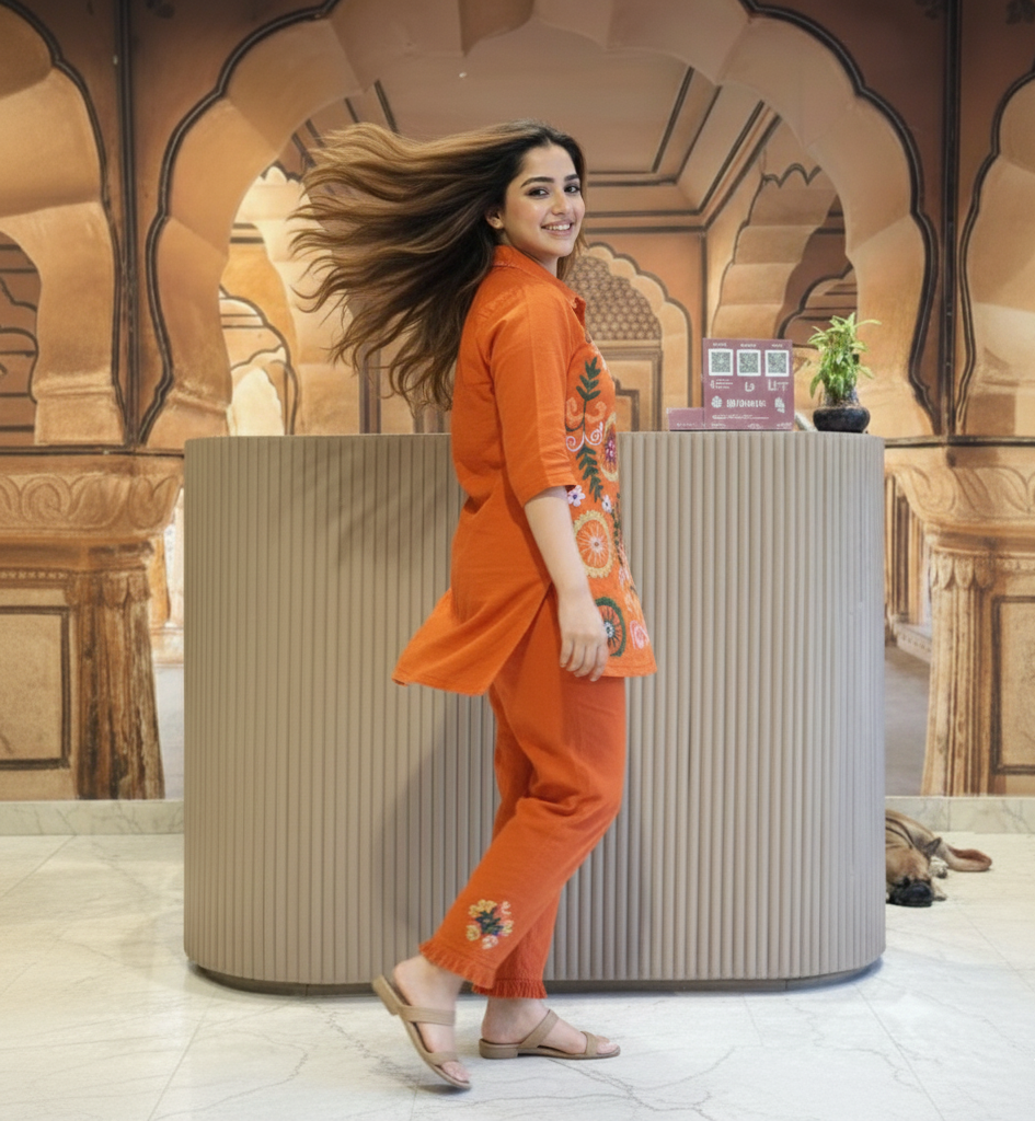 Radiant Orange Embroidered Cord Set – Festive & Fashionable