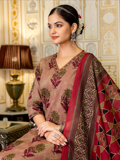 Elegant Mauve and Maroon Floral Block Print Kurta Set