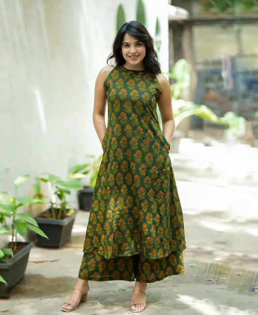 Forest Green Floral Print Sleeveless Kurta & Palazzo Co-ord Set