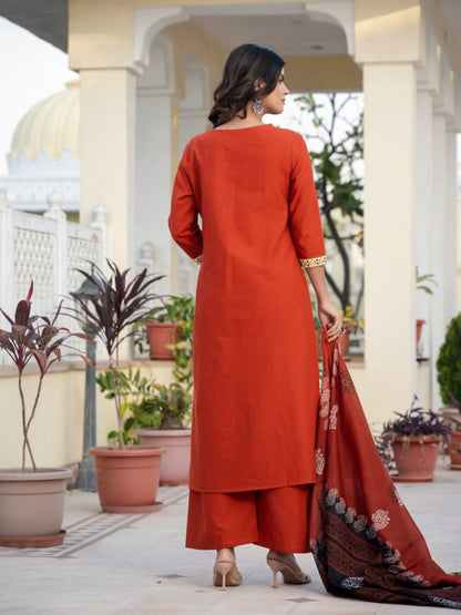 Classic Orange Kurta Set with Artistic Patch Detailing & Dupatta