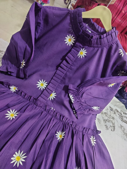 Deep Purple Daisy Embroidered Cotton Tiered Midi Dress