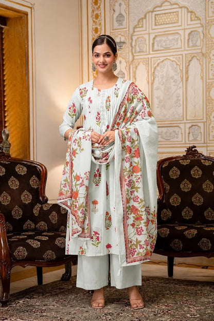Mint Green Floral Printed Kurta Set with Pant and Matching Dupatta