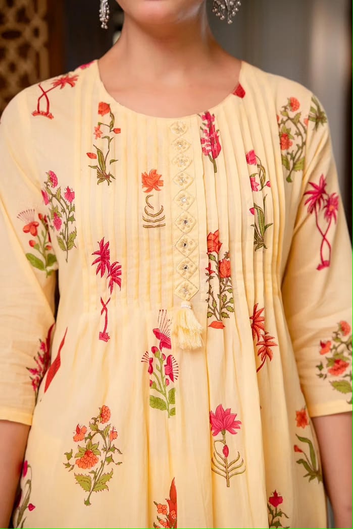 Butter Yellow Floral Printed Kurta Set with Pant and Matching Floral Dupatta