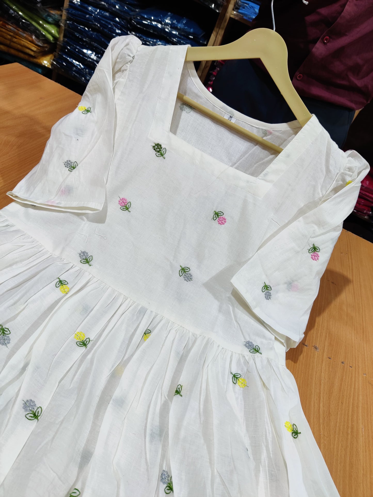 Elegant White Floral Embroidered Square Neck Tiered Midi Dress