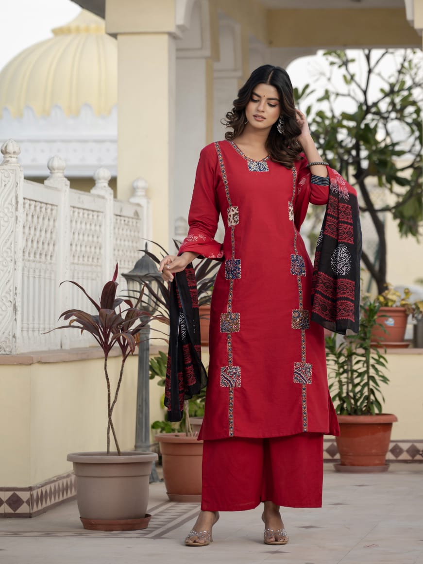 Classic Red Kurta Set with Artistic Patch Detailing & Dupatta