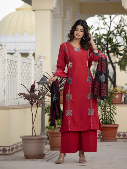 Classic Red Kurta Set with Artistic Patch Detailing & Dupatta