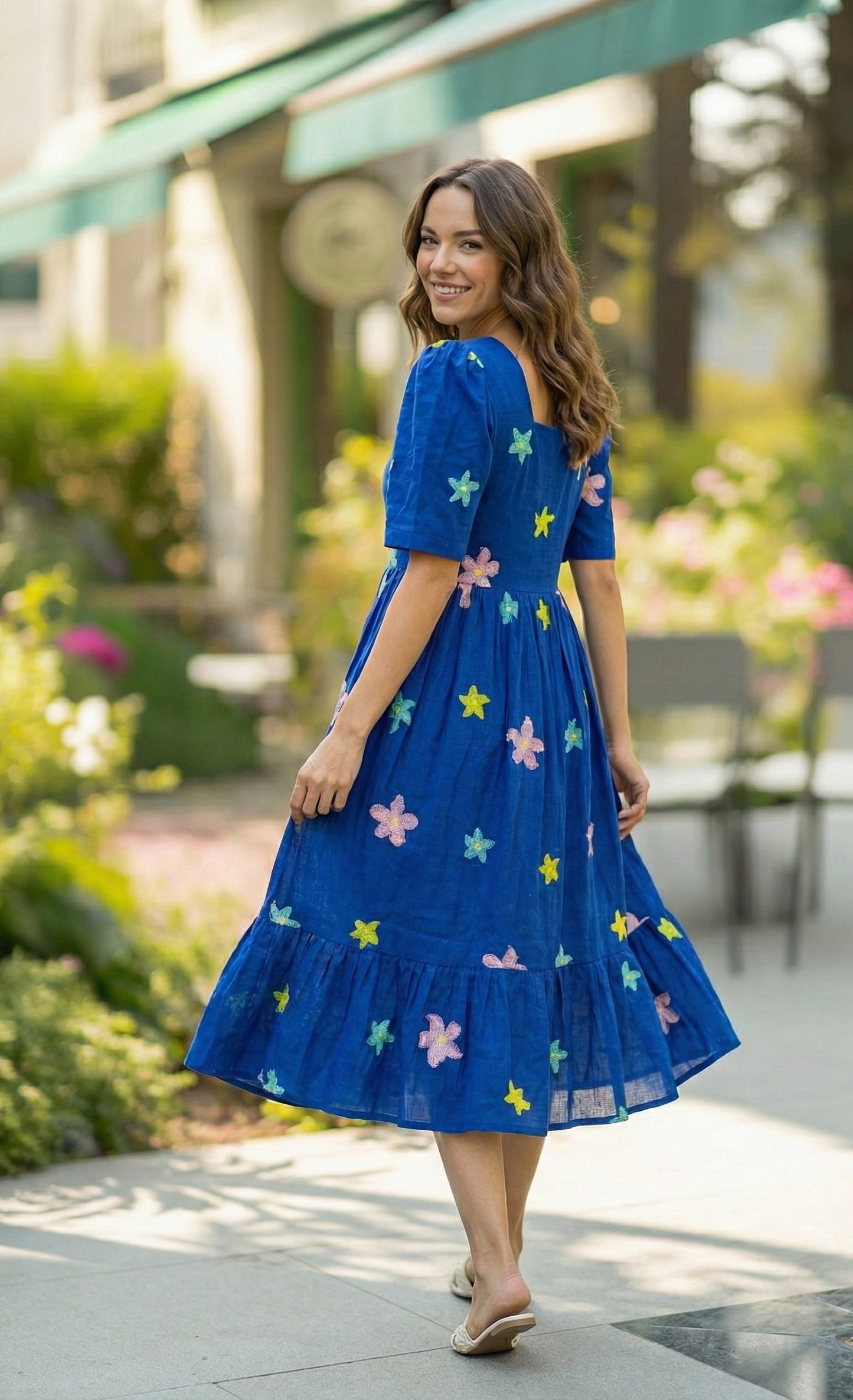 Vibrant Blue Star & Flower Embroidered Tiered Maxi Dress with Puff Sleeves