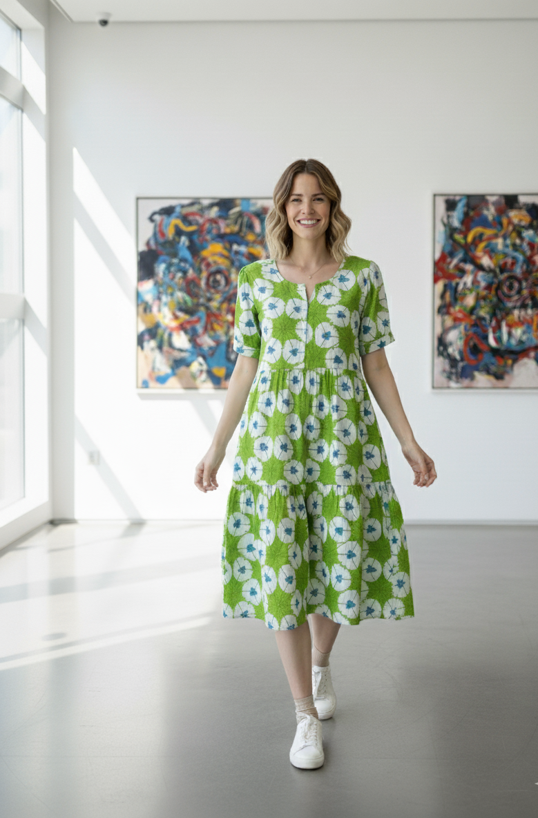 Trendy Green Floral Printed Cotton Summer Dress