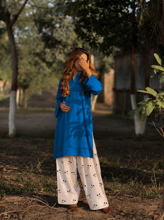 Royal Blue Straight Kurti with Blueberry-Embroidered Cream Wide-Leg Pants