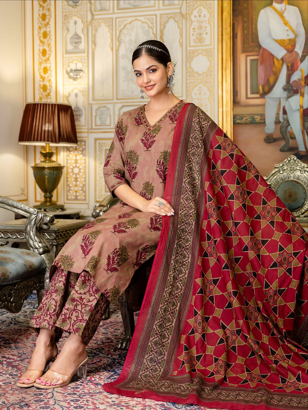 Elegant Mauve and Maroon Floral Block Print Kurta Set