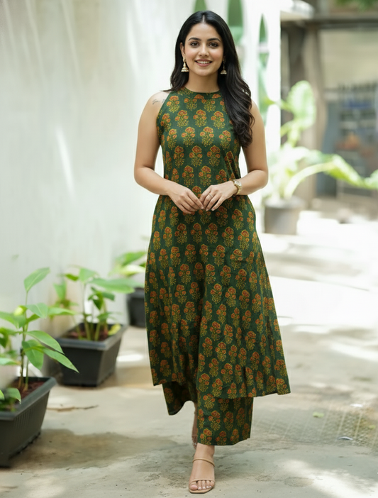 Emerald Bloom Printed Halter Neck Kurti with Palazzos
