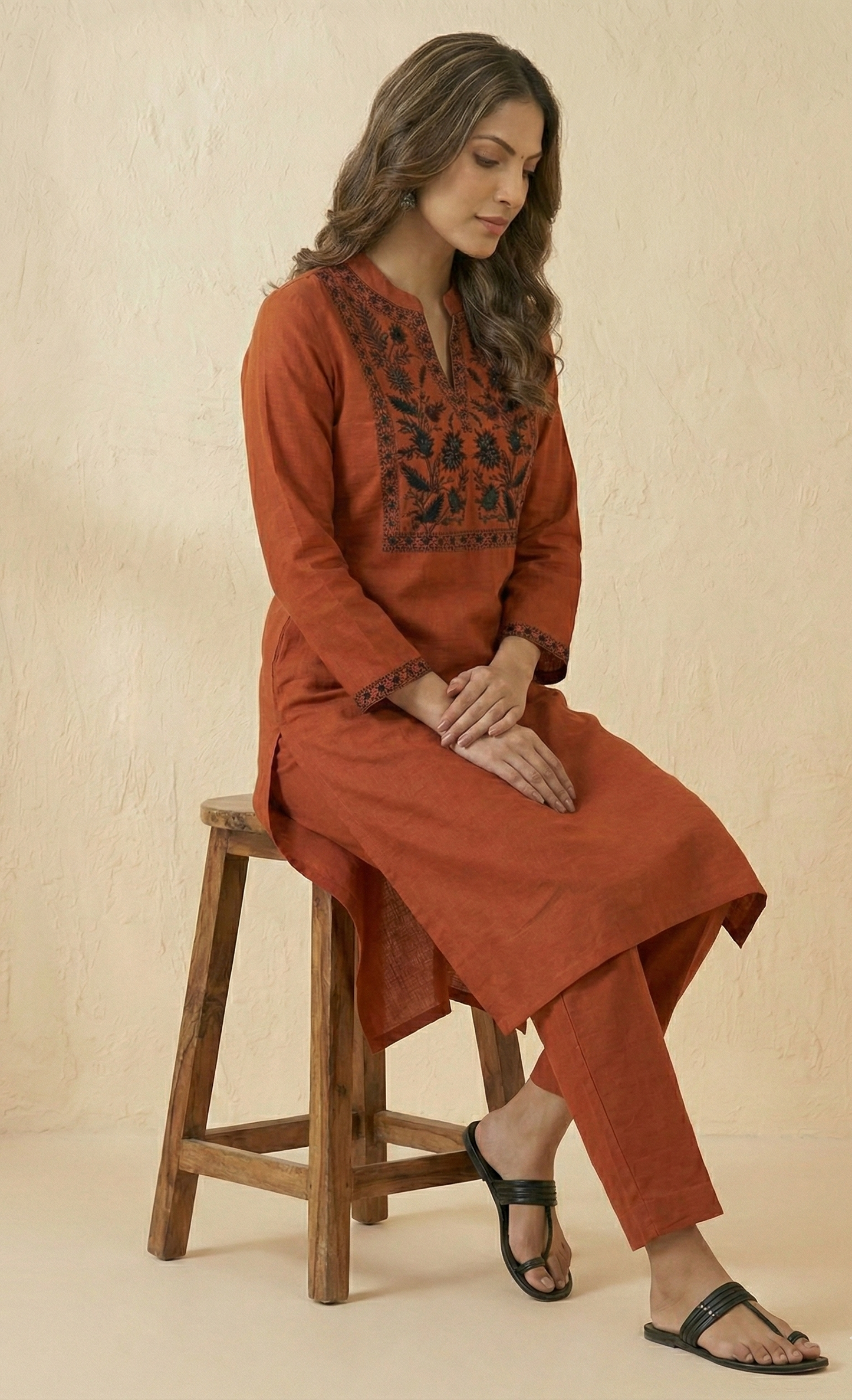 Elegant Terracotta Cotton Kurta Set with intricate Black Embroidery